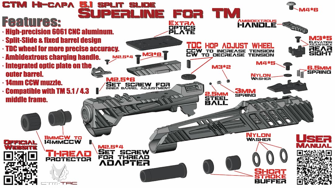 CTM tactical split slide Superline for TM Hi-capa 5.1 - Black