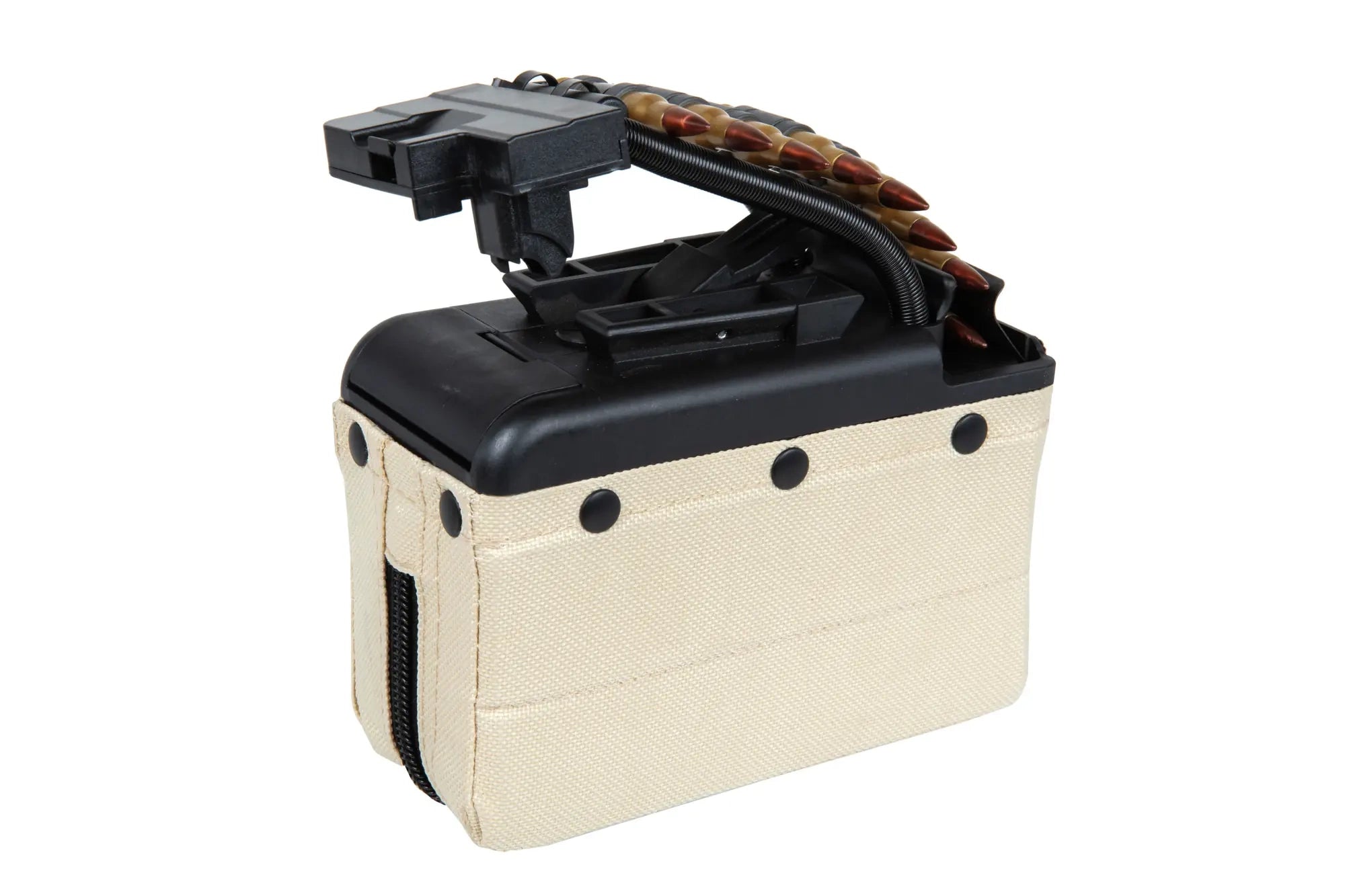 A&K electric box magazine for 2,000 BBs for M249 type replicas with imitation Tan ammunition