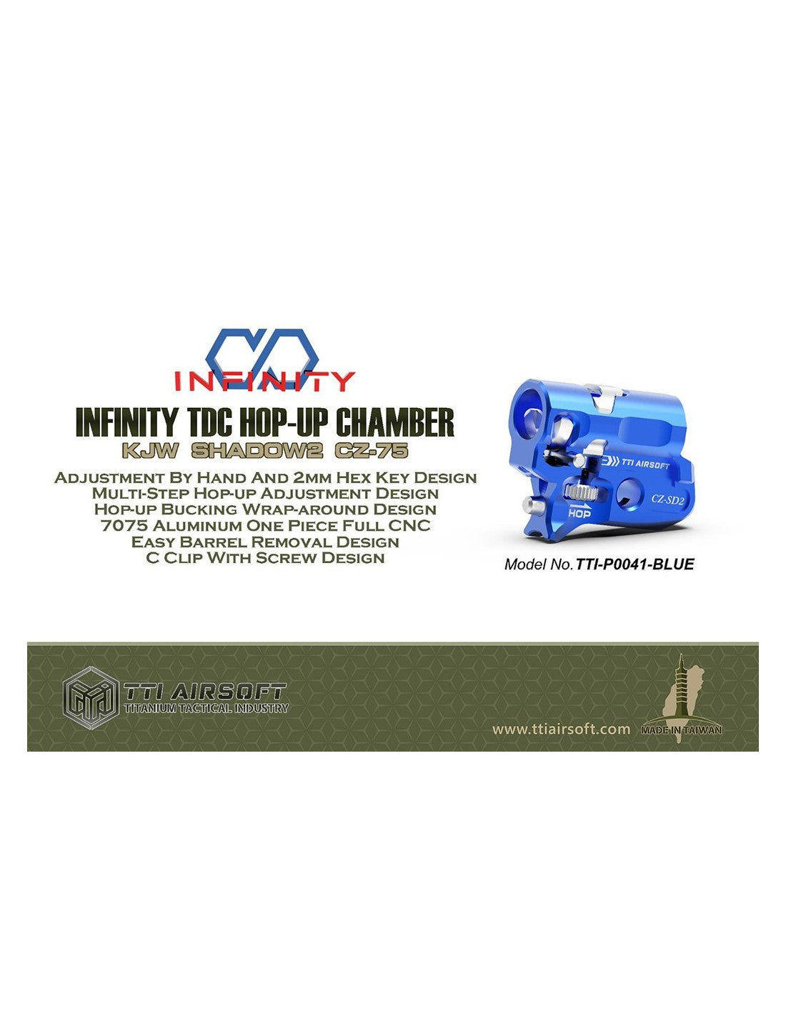 TTI Infinity CNC TDC Hop-Up Chamber – KJW Shadow 2 / CZ75 (Blue)