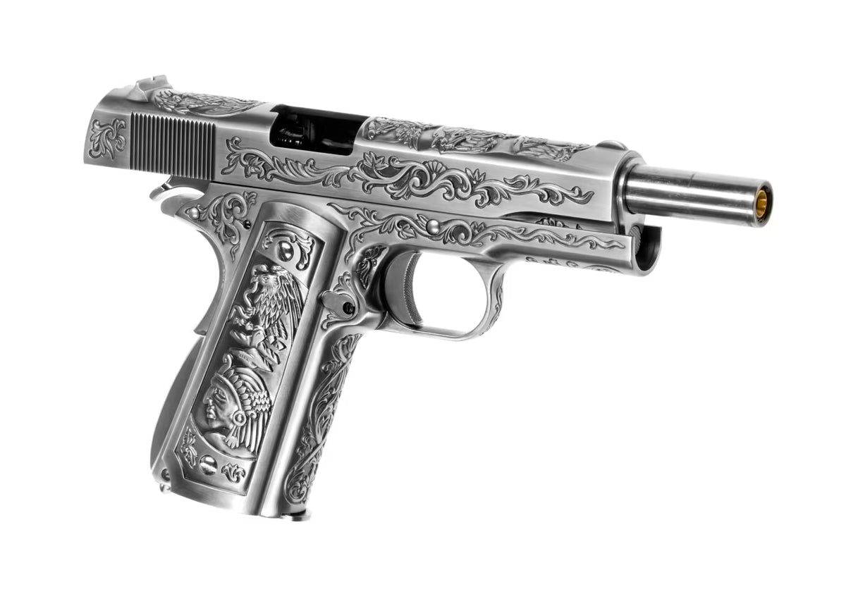 WE M1911 Etched Full Metal GBB Airsoft-Pistole – Silber Graviert