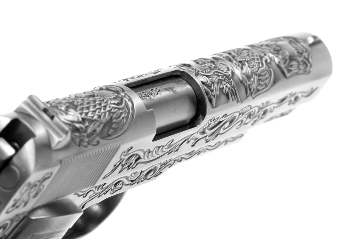 WE M1911 Etched Full Metal GBB Airsoft-Pistole – Silber Graviert